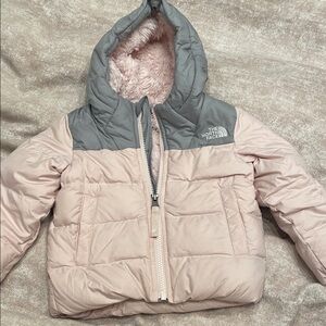The North Face Pink and Gray Girls Puffer Jacket with Faux-Fur Hood